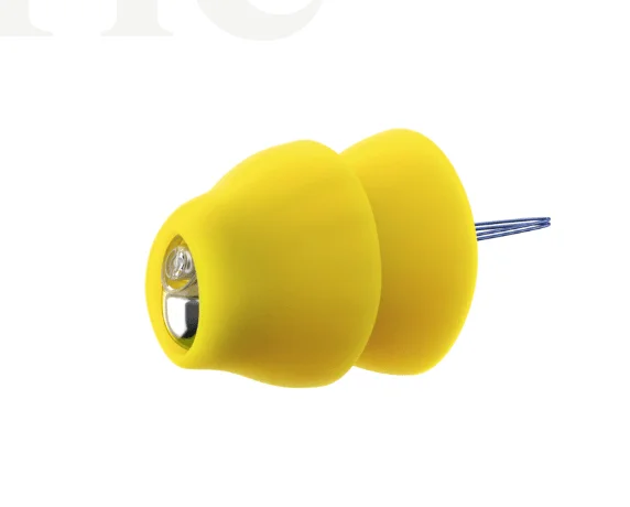Yellow dual-flange earplugs with a thin wire.