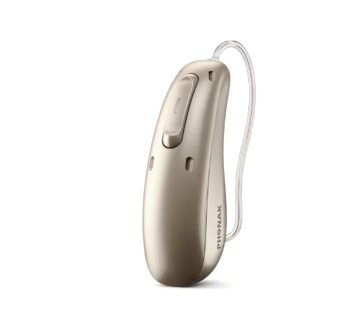 Phonak hearing aid, beige color, shown in profile view