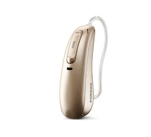 Phonak hearing aid, gold color, behind-the-ear style