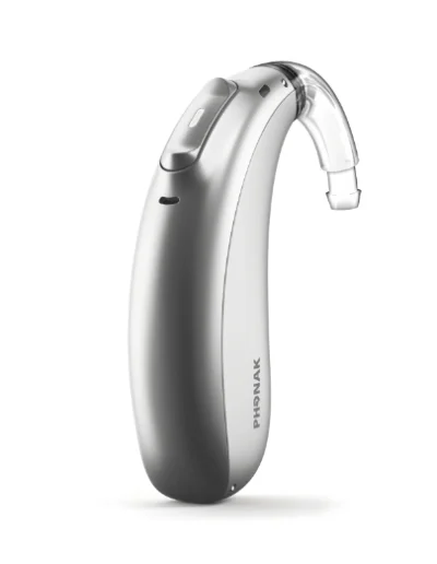 Silver Phonak hearing aid with clear tubing