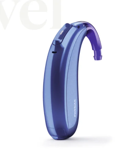Phonak hearing aid in blue with purple tubing.