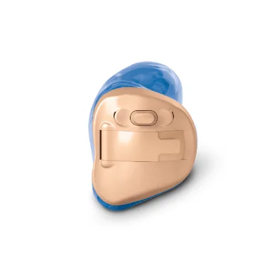 Blue and beige hearing aid, close-up view